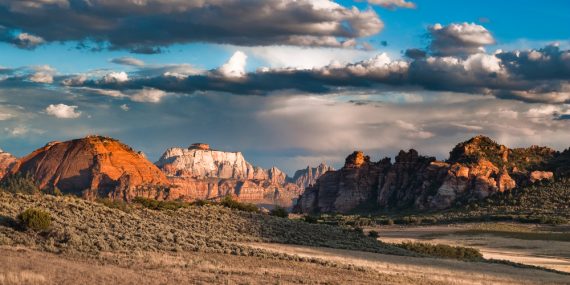 sunset panorama of sandstone cliffs at kolob plateau in zion nat