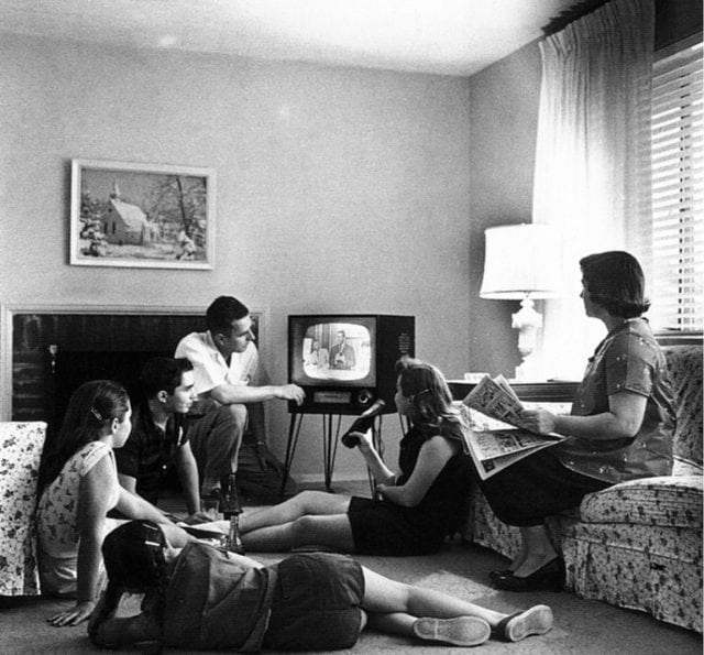 Family watching television 1958 640x595