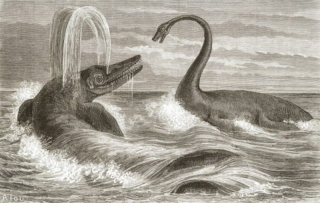 800px Ichthyosaur and Plesiosaur 1863 640x406