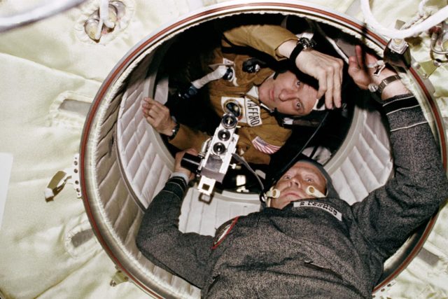 Cosmonaut Lenov and Astronaut Stafford during ASTP visit