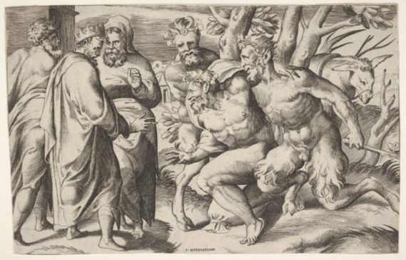 two satyrs leading silenus to king midas who stands at left with two male attendants ffad8e 570x365