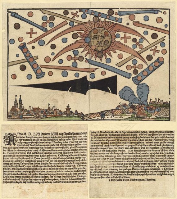 Himmelserscheinung uber Nurnberg vom 14  April 1561 570x641
