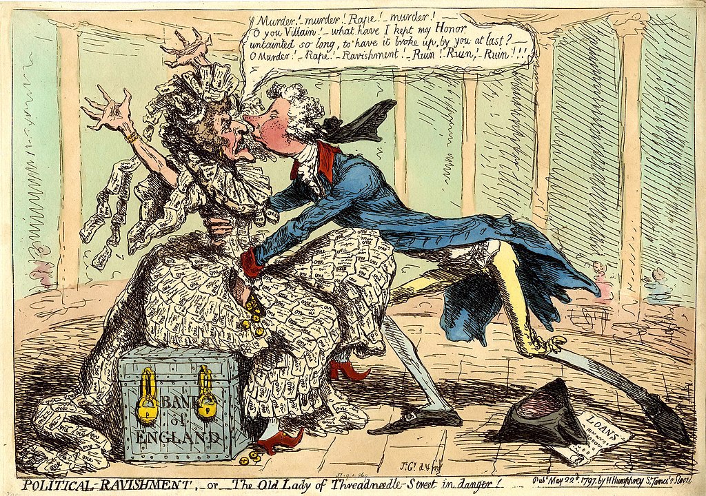 Satirical cartoon showing 'The Old Lady of Threadneedle Street'